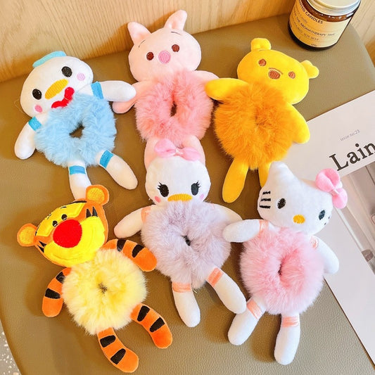 Women Girls Piglet Pooh Bear Tigger Hair Scrunchies Cat Rabbit Plush Elastic Hair Bands Sweet Pontail Holder Kids Hair Tie Hair