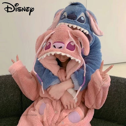 Lilo and Stitch Pajamas for Adults Disney Angel Blue Pink Hooded Couples PJs Cute Kawaii Fleece Robe Pants Set Womens Winter Warm Plush Sleepwear Female