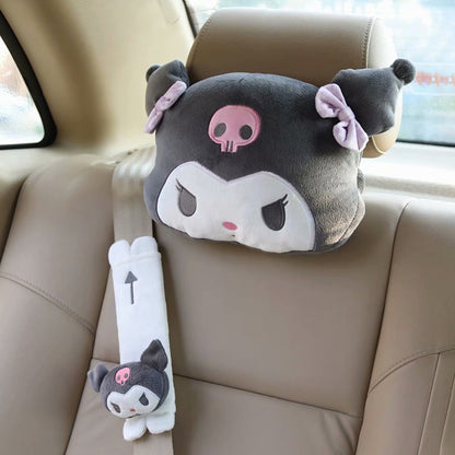 Cute Sanrio Kuromi My Melody Car Seat Pillow Plushie Pink Car Headrest Neck Pillow And Seat Belt Cartoon Stuffed Animal Plush Head Cushion Neck Support