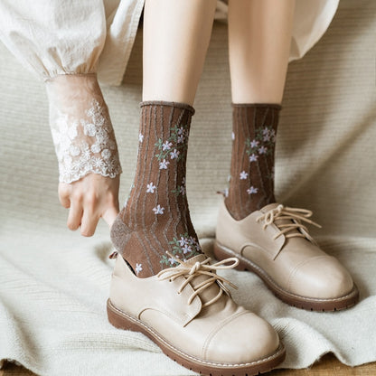 Korean Fashion News Floral Print Women's Socks Harajuku Vintage Streetwear Crew Socks Japanese Kawaii Cute Cotton Long Sock