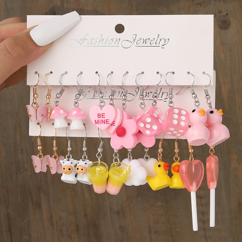 Pink Cartoon Duck Earrings Set Cute Animal Butterfly Heart Dangle Earrings For Women Girls Geometric Earring Trendy Jewelry Gift