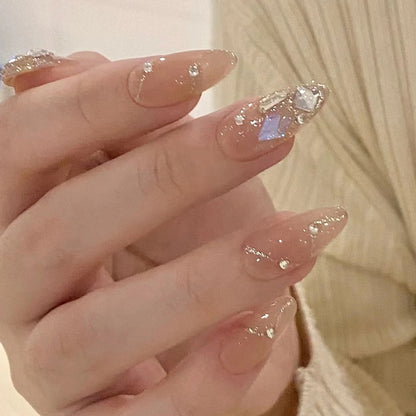24Pcs Pink Ballet False Nails Long Coffin with Rhinestone Love Heart Wearable Fake Nails Full Cover Press on Nails Tips Glitter