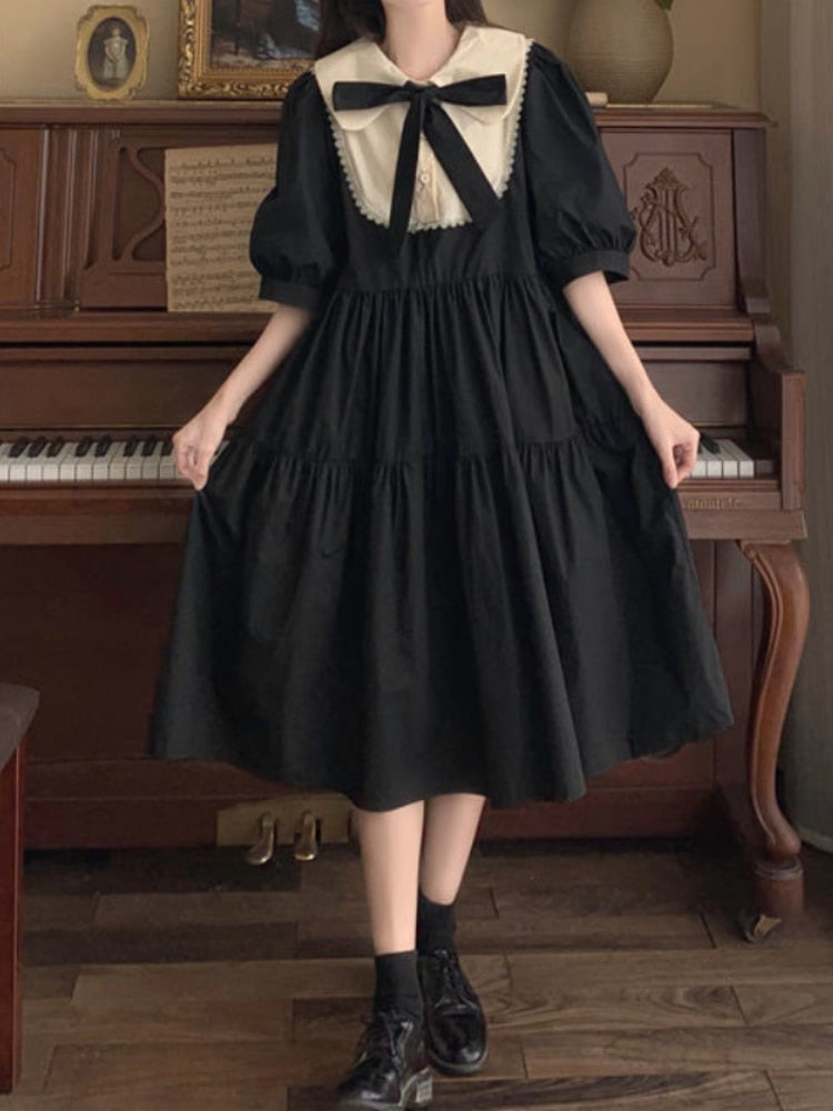 HOUZHOU Women Lolita Dress Kawaii Elegant Vintage Dresses Summer Sweet Cute Puff Sleeve Preppy Style Sundress Fashion Robe