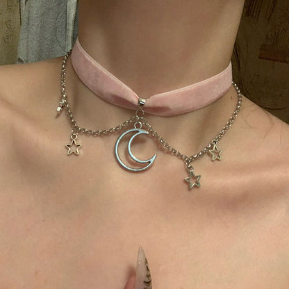 Velvet moon  stars choker Moon And Stars Chain Choker Kawaii Pastel Pink Velvet Chain fashion delicacy women