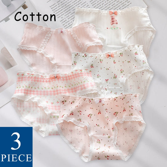 1pc 3pcs set Cute Panties with Bow Line For Women Underwear Lingerie Bfriefs Girls Pink Japaness Style Floral Panty