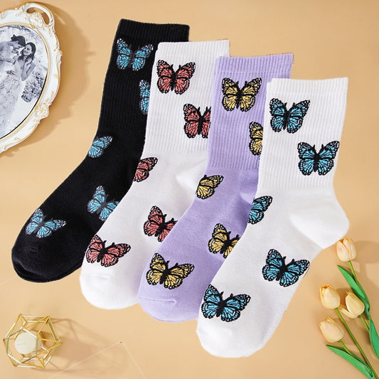 New Butterfly Socks Women Streetwear Harajuku Crew Kawaii Stripe Fashion Ankle Funny Cotton Embroidered Expression
