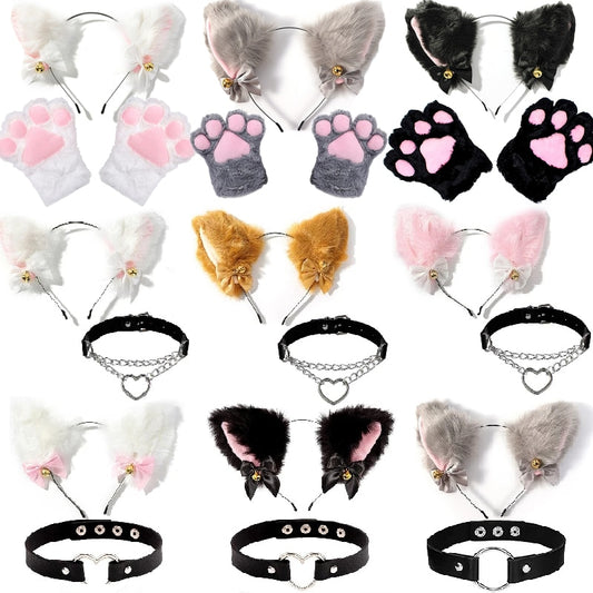 Cat Ear Bow Headband Necklace Cat Claw Gloves Cosplay Bell Hairband Women Girl Masquerade Party Headwear Hair Accessories