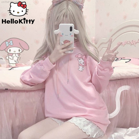 Sanrio My Melody Pink Hoodie Women's Cute Anime Cartoon Print Loose Hooded Top Y2k Kawaii Clothes Trend Female Sweatshirt Blouse