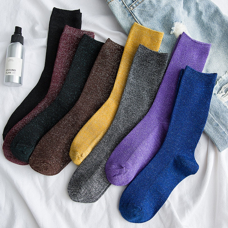 Bright Sparkling Women's socks Fashion Glitter Shiny Sock Sweet Cute golden silver socks Spring Autumn Breathable Soxs