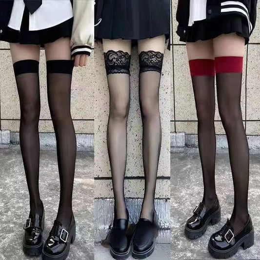 JK Costumes Women Thigh High Fishnet Stockings Lolita Girls Gothic Punk Transparent Over Knee Red Wide Edge Long High Socks