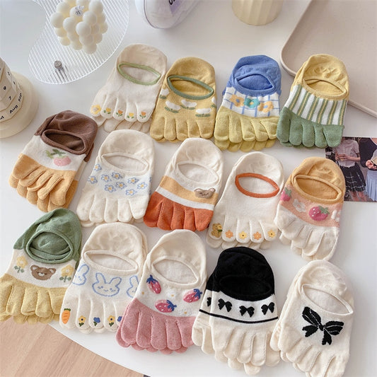 Spring and Summer New Five-finger Socks Women Cute Cartoon Silicone Anti-slip Invisible Toe Socks Boat Socks Hosiery