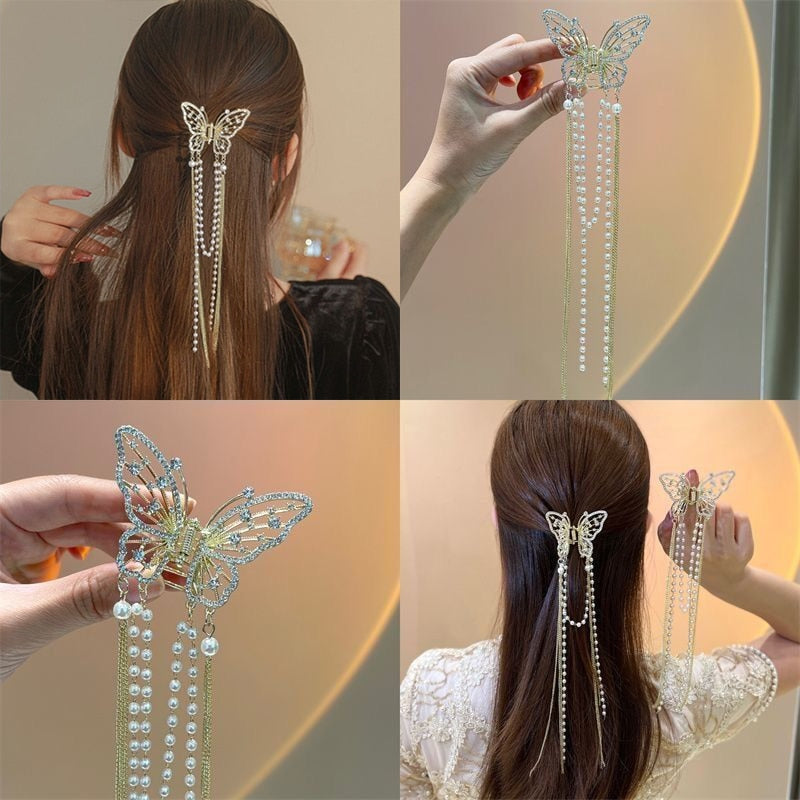 New Female Butterfly Pearl Tassel Hair Claw Rhinestone Clip Korean Simple Shark Ponytail Crab Clip Girls Hair Accessories