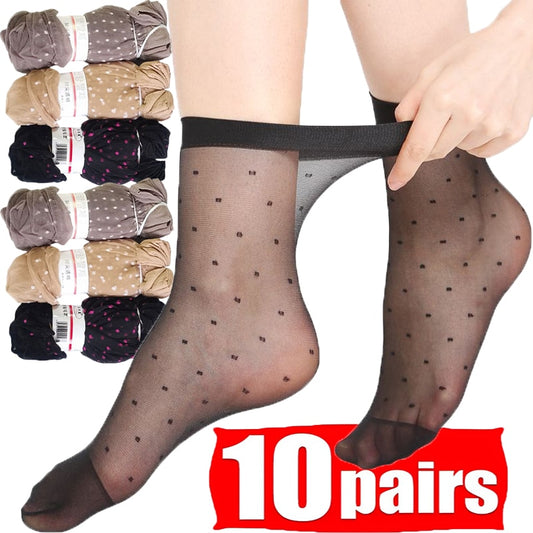 20Pcs=10Pairs Dot Silk Socks Women Transparent Thin Breathable Summer Nylon Short Stock Female Non-Slip Stretch Ankle Sock