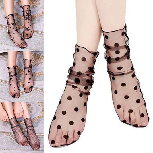 1Pair Retro Dot Lace Floral Mesh Socks Women Transparent Middle Tube Sock Female Breathable Ultra-Thin Princess Tulle Sock
