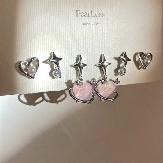 6pcs/Set Girl Personality Fashion Y2k Pink Crystal Temperament Earrings Piercing For Women Ears Korean Fashion New Ins