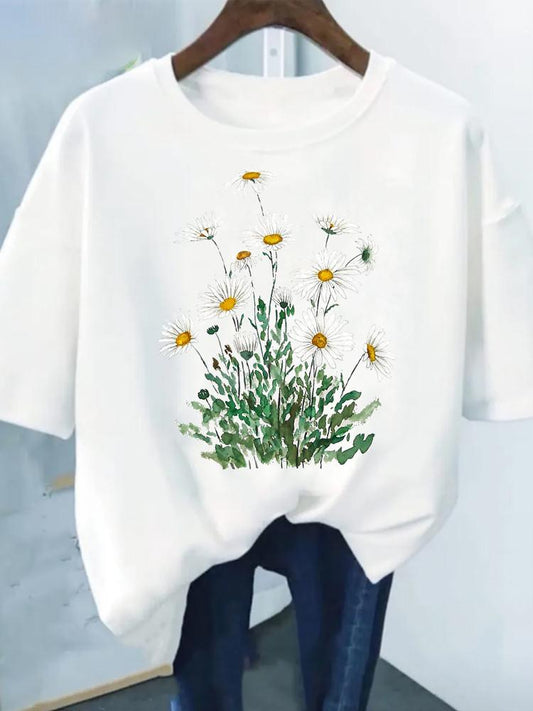 Flower Print Fashion Plant Trend Lovely Style Short Sleeve Women Graphic Tee Summer T Clothing Female Clothes Casual T-shirts