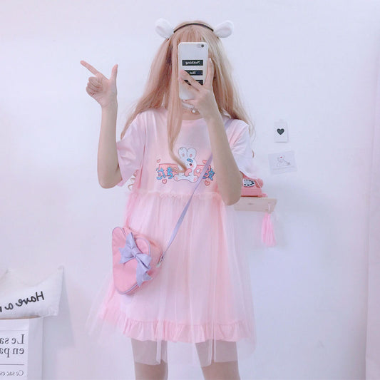 Summer Lolita Tulle Dresses Women Kawaii Bunny Cute Girl Anime Short Sleeve Pink White Casual T Shirt Dress Female Clothing