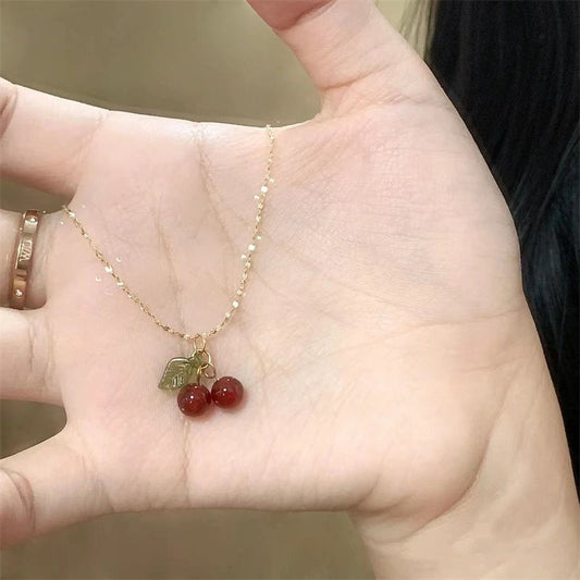 Korean Cute Crystal Cherry Pendant Necklace Fashion Design Trend Lovery Fruit Necklace Chokers for Women Girls Jewelry