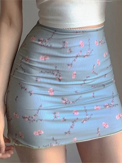 Floral Print Mesh High Waist Mini Skirt Ladies Kawaii Skirt Premium Pastel Lace-up Sweet Y2k Harajuku Kawaii Pencil Skirt