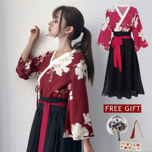 Retro Japanese Style Vintage Hanfu Haori Kawaii Girls Women Foral Kimono Dress for Party Yukata Asian Clothes Skirts Vestidos