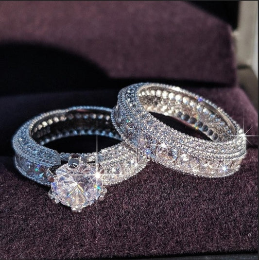 New Sparkling Silver Color Cubic Zirconia Wedding Rings Set for Women Elegant Couples Engagement Ring Banquet Party Jewelry
