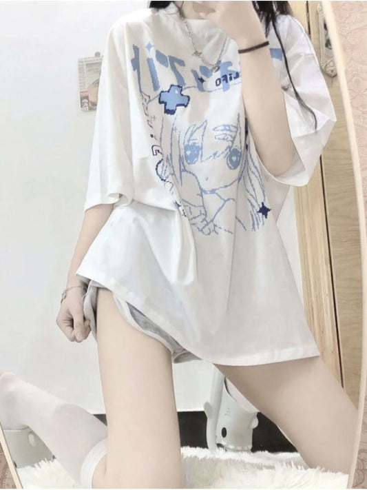 Summer Kpop Japanese Harajuku Anime Graphic T Shirts Women Korean Fashion Streetwear Manga Print Tees White Y2k Tops
