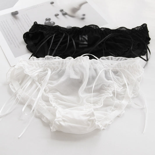 Japanese Hollow Breathable Webbing Mesh Mid-waist Women's Panties Comfortable Soft Bow Lace Girl Cute See-through Panties Loli