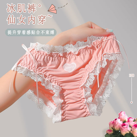 Soft Ice Silk Panties Female Lace Lingerie Girls Lolita Love Bow Panties Cute Candy Color Women's Briefs Solid Color Briefs