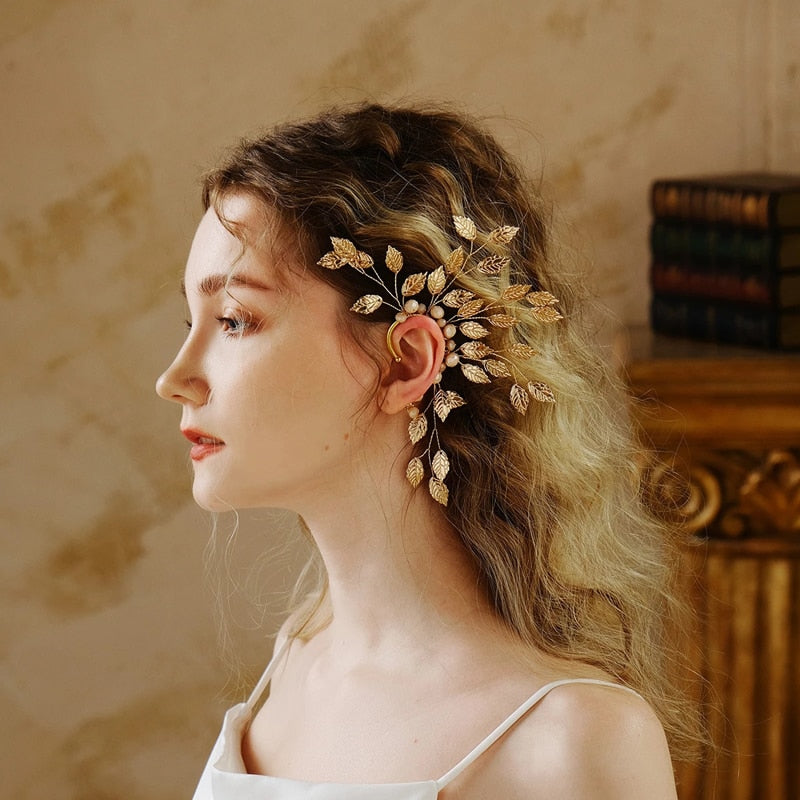 Alloy Leaves Women Ear Cuff Vintage Baroque Exaggerated Beads Clip Earrings Handmade Party Jewelry Gifts Female