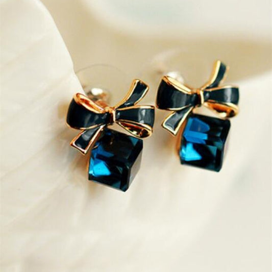 New Jewelry Fashion Gold Color Bowknot Cube Crystal Earring Square Bow Earrings For Women Pretty Gift