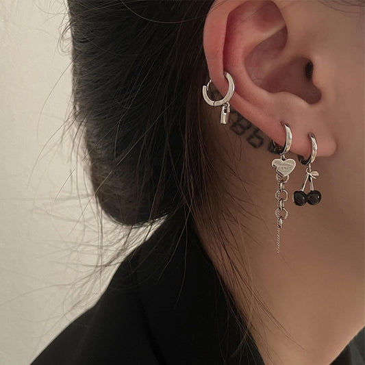 Asymmetric Love Heart Cherry Dangle Earrings Set Silver Color Elegant Set of Earrings Trend Girls Earring for Women jewelry