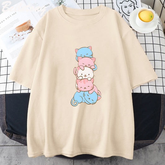 Transgender Pride Flag Cute Kawaii Cats Subtle LGBTQ Trans Pride T Shirts Summer Women's Short-sleeved T-shirts Harajuku Y2k Tee