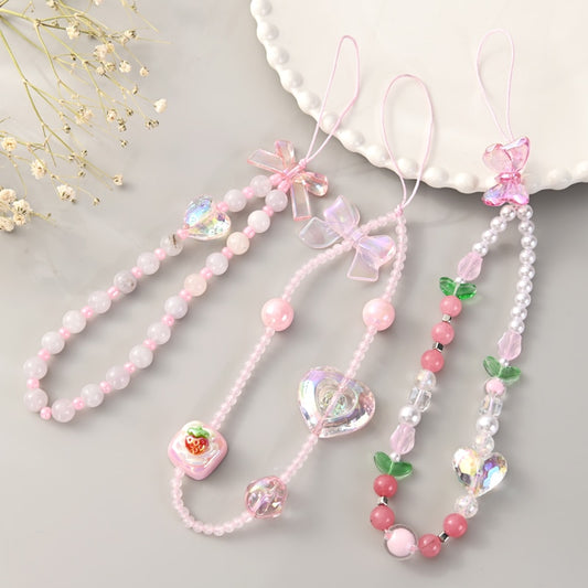 Fashion Cute Butterfly Heart Shape Beaded Phone Chain Sweet Acrylic Women Girls Mobile Telephone Lanyard Hanging Cord Jewelry