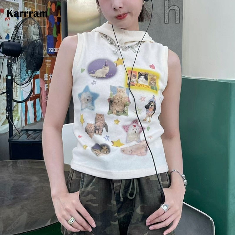 Karrram Y2k Aesthetics Tank Tops Japanese Harajuku Cute Top 2000s Kawaii Cat Print Tanktop Fairycore Ribbed Hooded Tops E-girl