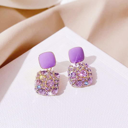 Purple Full Rhinestone Square Stud Earring Female Exquisite Fashion Sweet High Quality Temperament Europe and America Jewelry