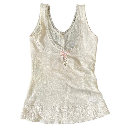 Maemukilabe 2000s Retro Vest Y2K Square Collar Crop Top Cute Bow White Lace Trim Tank Tops Fairycore Grunge Vintage Chic Clothes