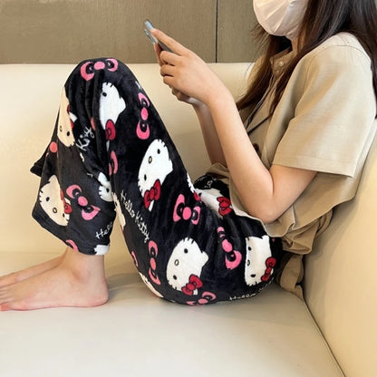 Anime Sanrio Hello Katie Pajamas Flannel Women Kawaii Wool Black and White Cartoon Float Home Pants Fall Fashion Pants New