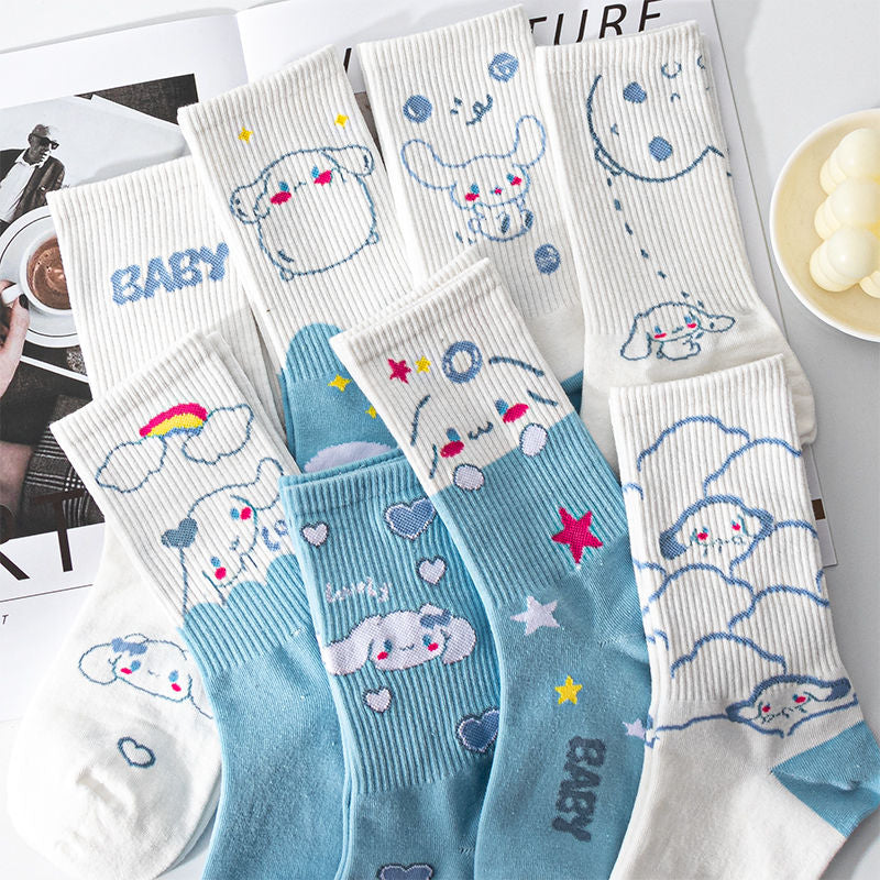 Sanrio Cinnamoroll Cardong Cartoon Girl Heart Autumn and Winter In The Tube Cartoon Socks Every Match Cute Blue Girl Wind