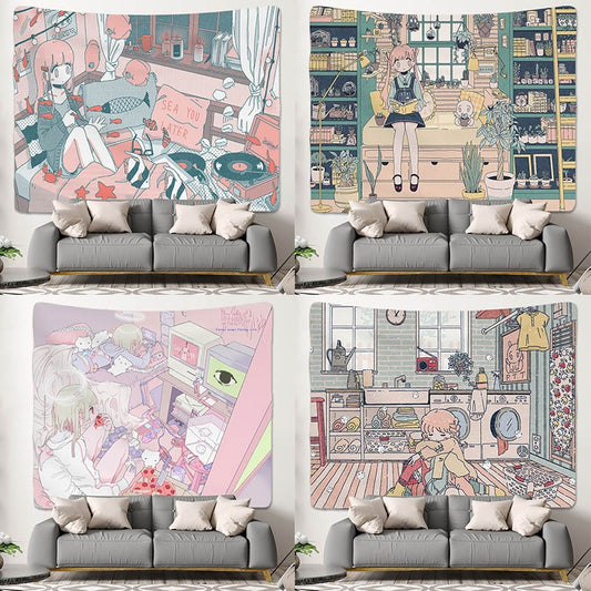 Japanese Anime Pink Girl Kawaii Room Decoration Tapestry Aesthetics Cute Wall Hanging Living Room Bedroom Home Customizable