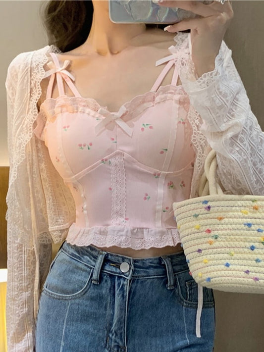Lace Japanese Kawaii Sweet Tank Tops Women Pink Print Lolita Vintage Party Vest Ladies Slim Bow Beach Casual Cute Corset Summer