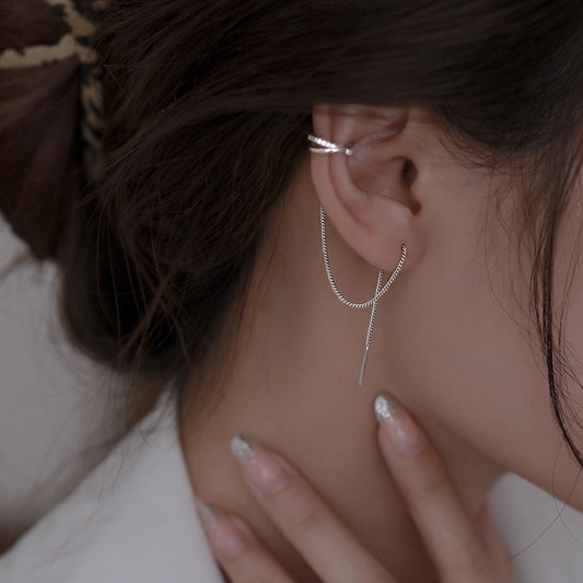 Korean Silver Color Cross Clip Earrings Chain Tassel Line for Women Two-Wear Fashion Geometric Creative Design Jewelry Gift