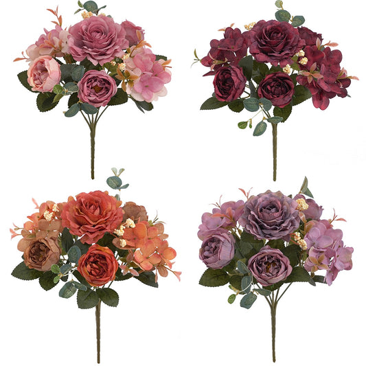Artificial Flowers Retro Silk Rose Bouquet Hydrangea Peony Vintage Bride Holding Fake Flower Home Wedding Decoration Accessories