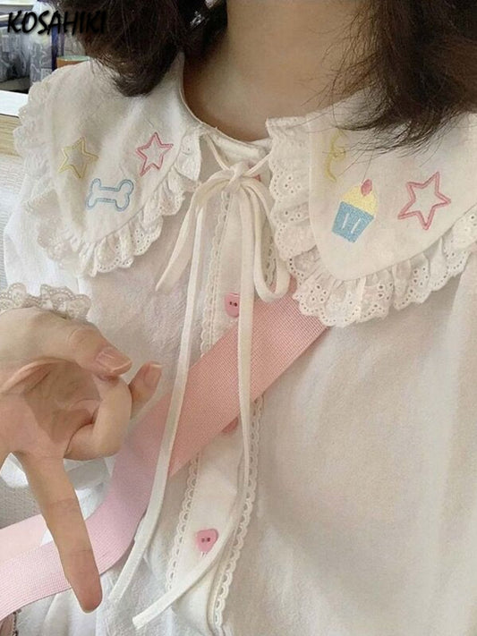 Spring Blouse Women Japanese Kawaii Cute Lace Patchwork Peter Pan Collar Shirt Vintage Sweet Embroidery Top Blusas Feminina