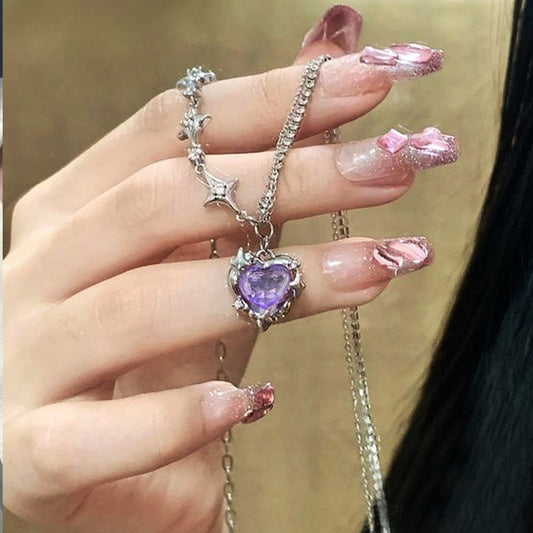 Y2K Purple Crystal Heart Pendant Necklace Women Sweet Cool Girl Punk Clavicle Chain Fashion Aesthetic Necklace Jewelry Gift