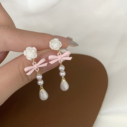 Fashion French Lovely Elegant Vintage Mini Luxury Bow Heart Ear Stud Korean Style Pearl Earrings Women Drop Earrings