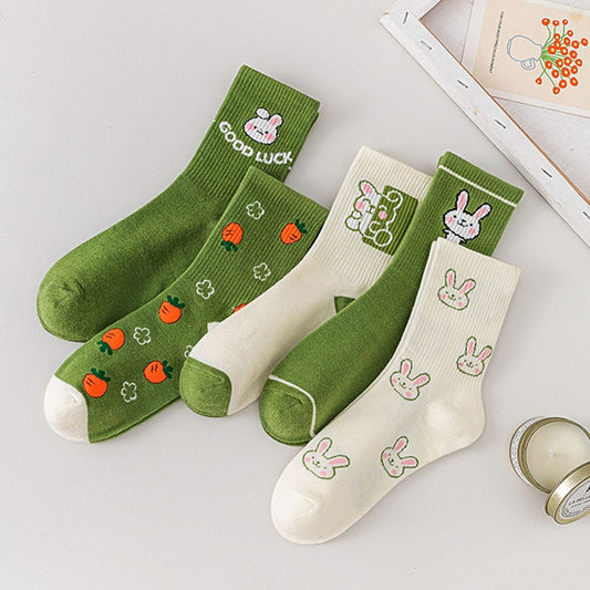 Cartoon Rabbit Carrot Green Women Socks Cute Fashion Funny Cotton Socks For Girls College Style Harajuku Kawaii Calcetines