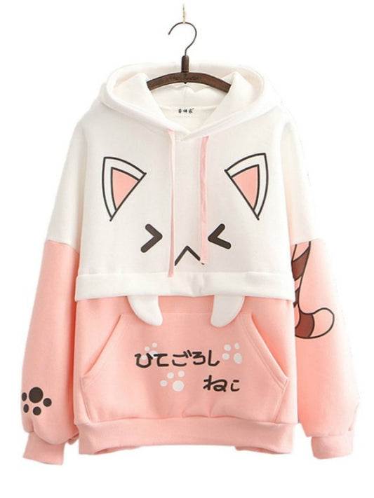 Harajuku Pink Hoodies Cartoon Cat Printed Hooded Sweet Sweatshirt Women Winter Thick Warm Female Cute Kawaii Tops Tracksuit