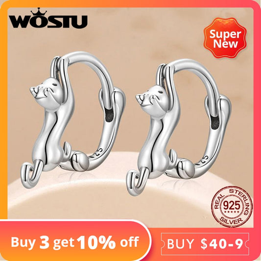 WOSTU Real 925 Sterling Silver Cute Cat Stud Earrings For Women Fine Jewelry Party Gift Animal Hoop Aretes CQE1488