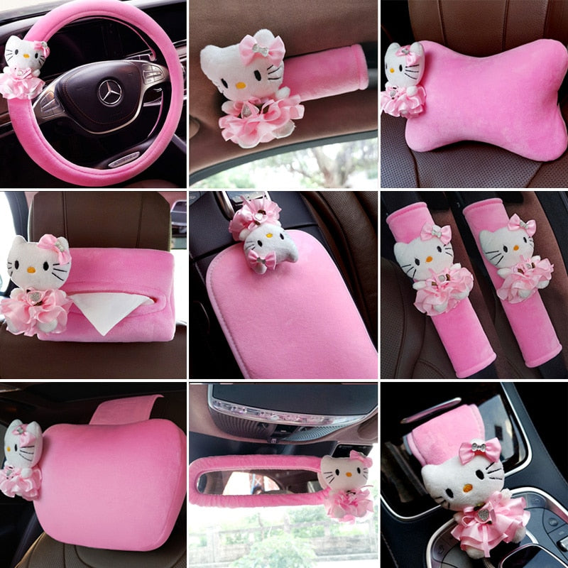 Kawaii Sanrio Anime Kt Cat Hello Kitty Plush Steering Wheel Cover Car Accessories Headrest Pillow Lumbar Pillow Plushie Seatbelt Cover Gift