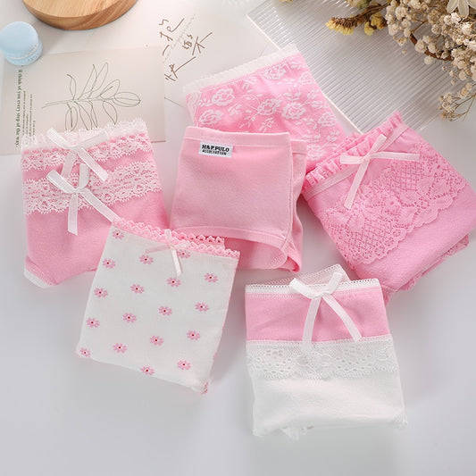 Simple Kawaii Floral Panties Japanese Cute Mid-waist Cute Lace Edge Ladies Panties Pink White Girl Comfortable Panties